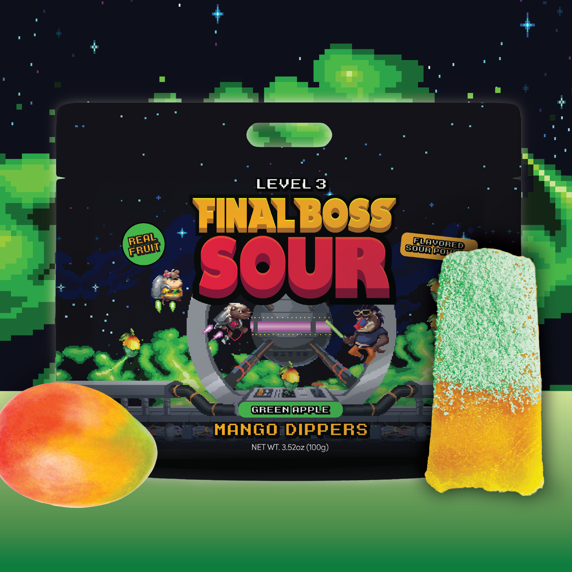 Final Boss Sour - Wholesale Gummy - Mango Dippers 1-Pack (Blue Razz, Green Apple, Grape, Cherry)1