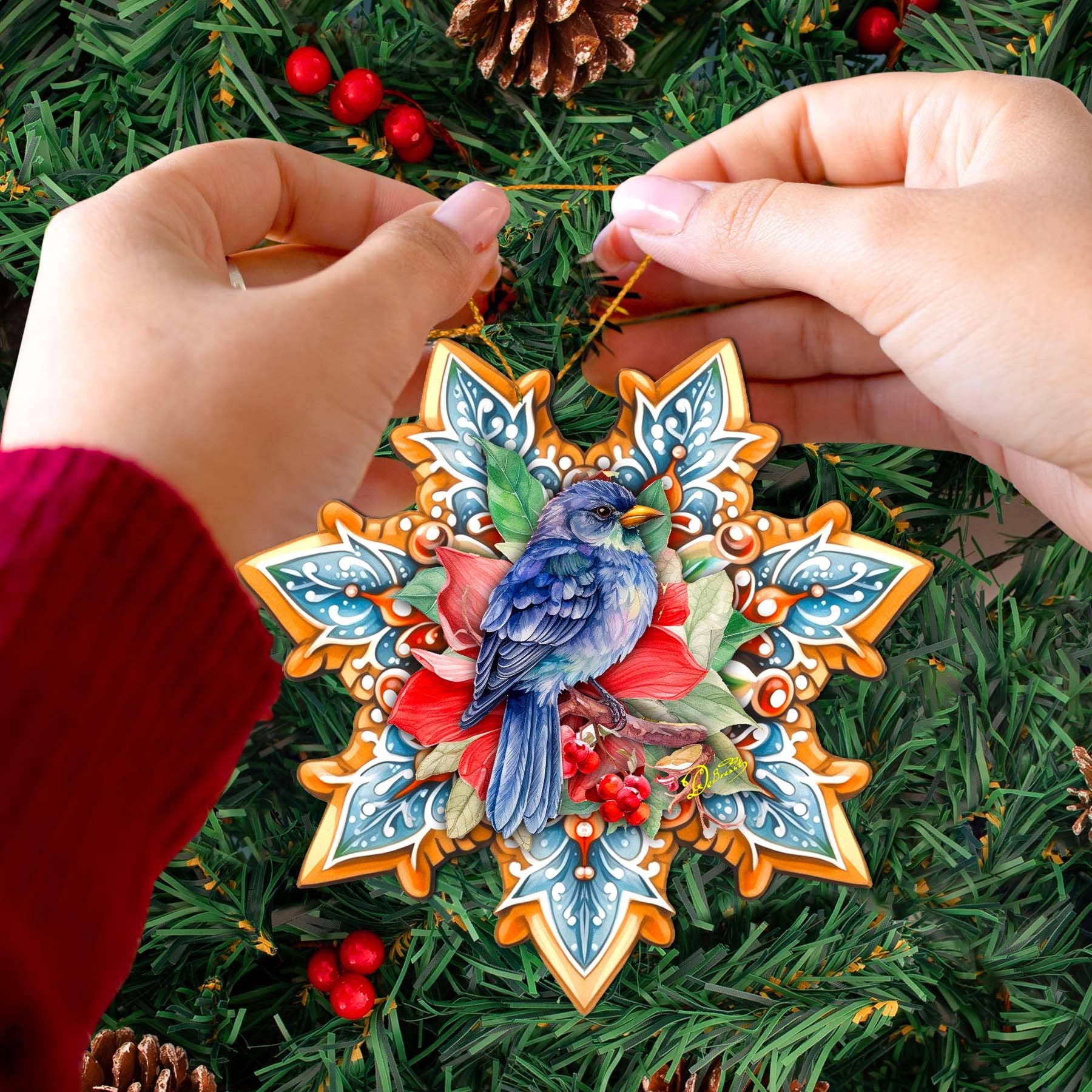 Designocracy - Wholesale Ornament - Blue Bird Snowflake Wood Ornaments GDebrekht Nature Wildlife2