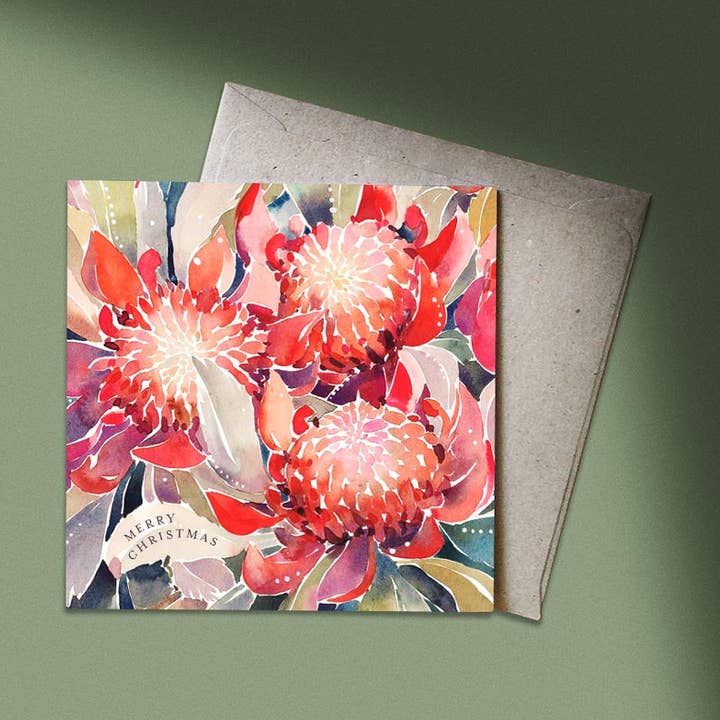 Tarjeta de Felicitación 'Chrissy Waratahs' para venta al por mayor de Natalie Martin | Australian Watercolour Artist