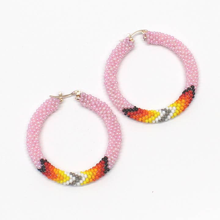 Handmade Pink Multicolor Native-Style Hoop Earrings 2” for wholesale by BEADS CORNER