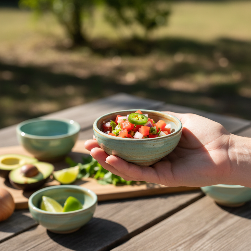 Kadra Kitchenware – Großhandel Schüssel – Vikko Stoneware Palm Mini-Schale mit hellblauem, braunem Rand 31
