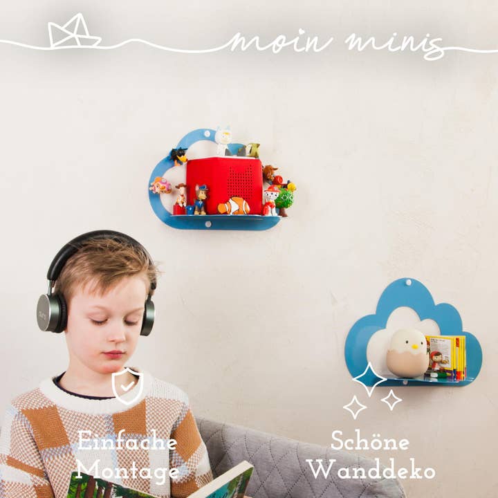 Mixcover GmbH - Wholesale Wall Mounted Shelf - Moin Minis Cloud Blue Magnetic Shelf Compatible with 20 Tonie Figures and Tonie Box Cloud Shelf for Kids Audio Figures Magnetic Shelf3