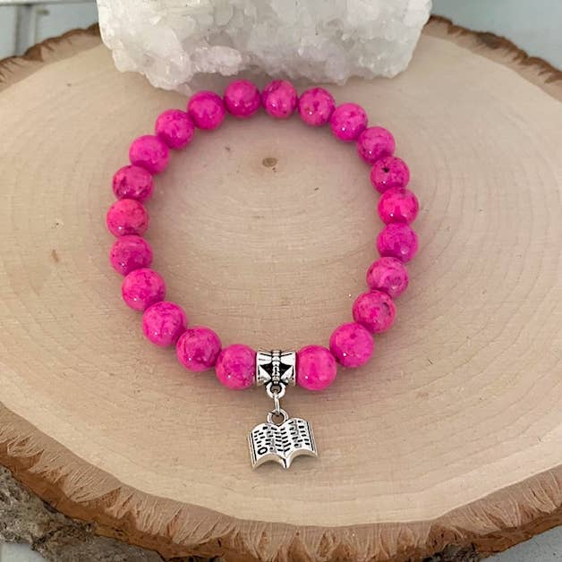 Jewels For Hope - Wholesale Charm/Dangle Bracelet - Pink beaded stretch bracelet with Book charm2