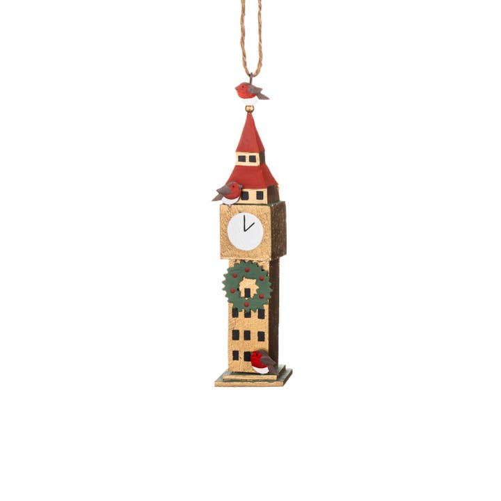Shoeless Joe Ltd - Wholesale Ornament - Big Ben with Robins Hanging