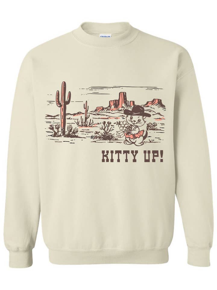 The Coin Laundry - Wholesale Graphic Sweatshirt - Unisex - Kitty Up Sweatshirt - Funny Cat Cowgirl Unisex Shirt