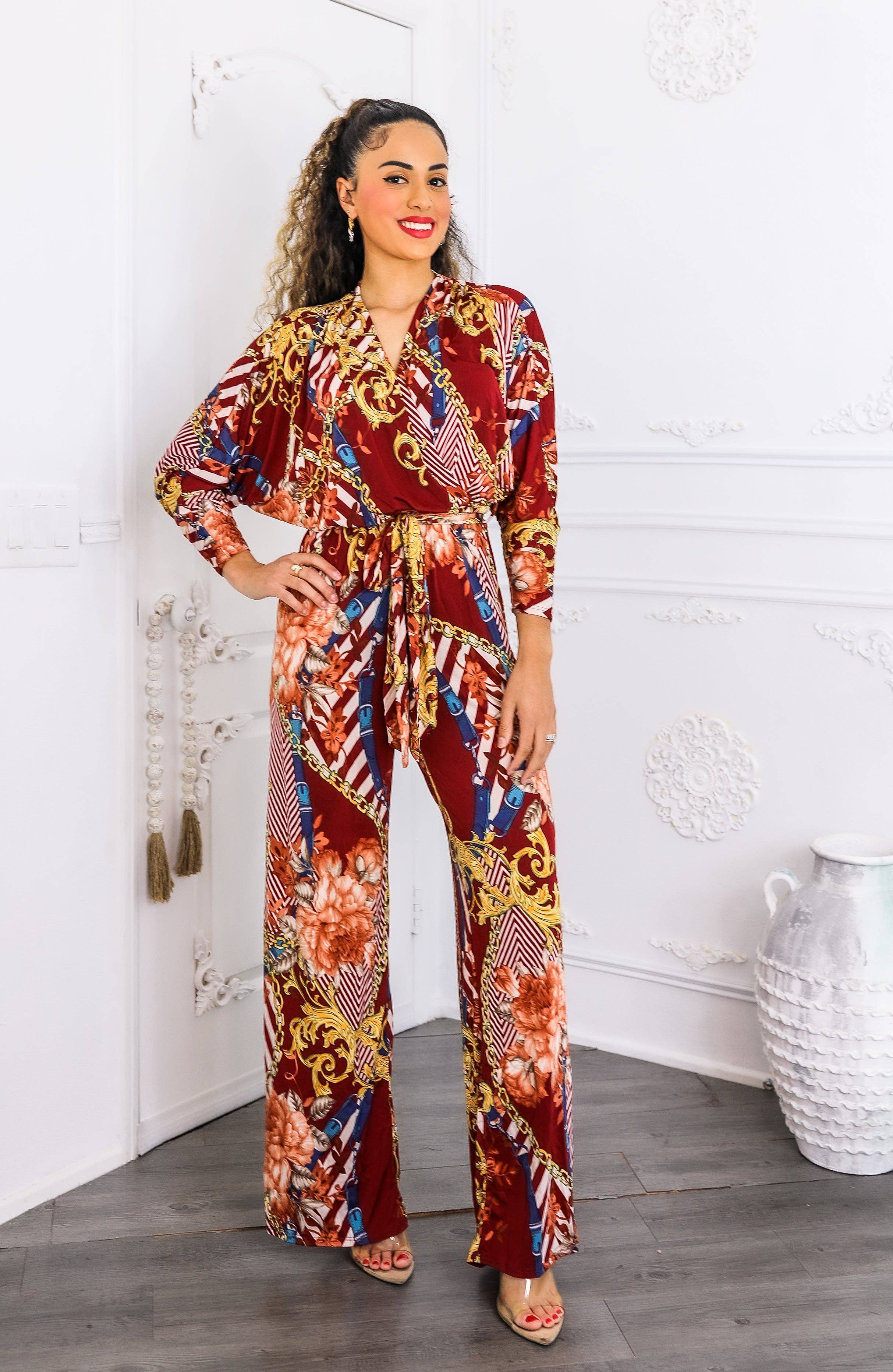 SurelyMine - Wholesale Jumpsuit - Women's - Red Chain Print Wide Leg Jumpsuit | Boho Chic One Piece4