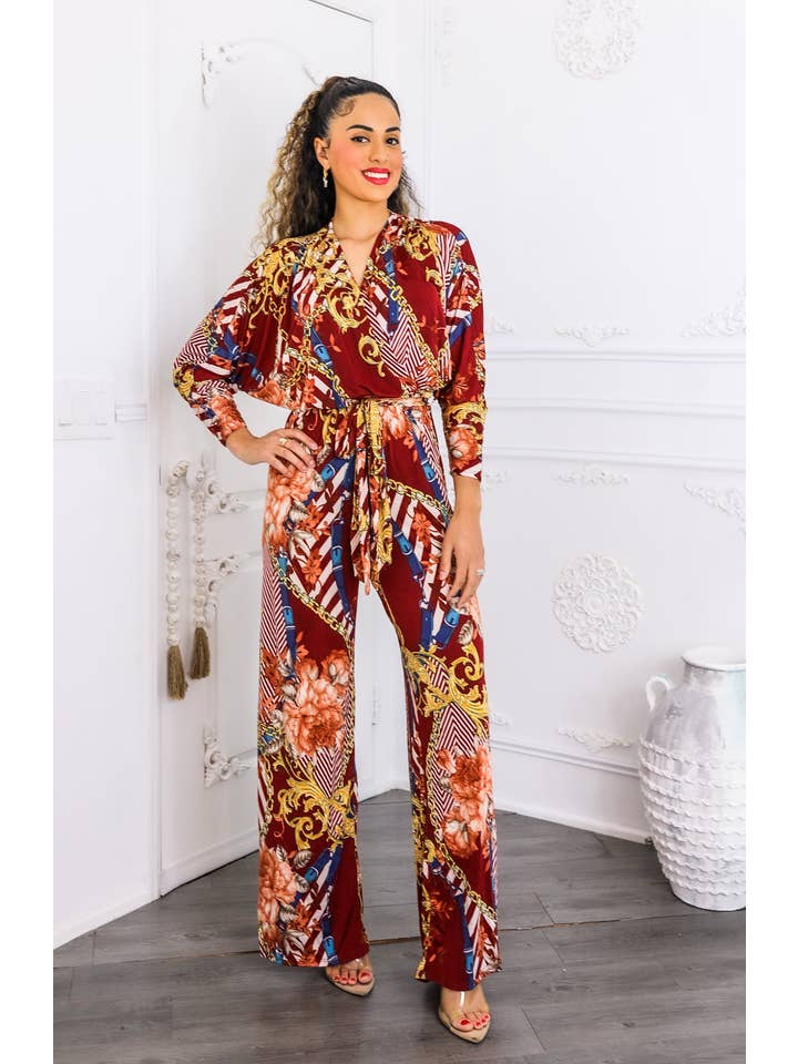 SurelyMine - Wholesale Jumpsuit - Women's - Red Chain Print Wide Leg Jumpsuit | Boho Chic One Piece4