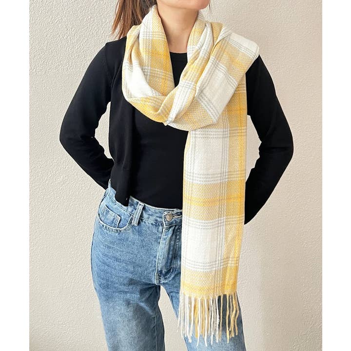 Yellow Classic Plaid Cashmere Wrap Scarf with Fringe for wholesale by Fennco Styles