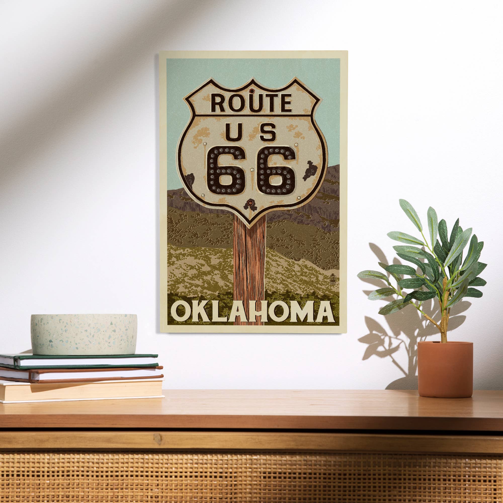 Lantern Press - Wholesale Wood Wall Art - PREMIUM WOOD SIGN Oklahoma, Route 66, Letterpress1