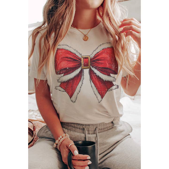 A. BLUSH CO - Wholesale T-shirt (graphic) – women's - SANTA BOW Christmas Graphic Tee2