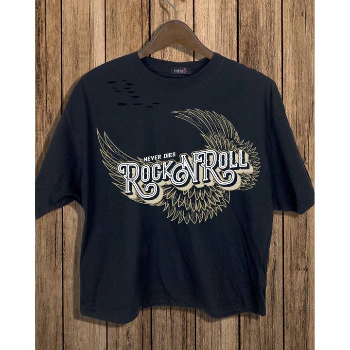 MINEB - Wholesale Screen Printed T-Shirt - Women's - ROCK N ROLL NEVER DIES CROP TEE1