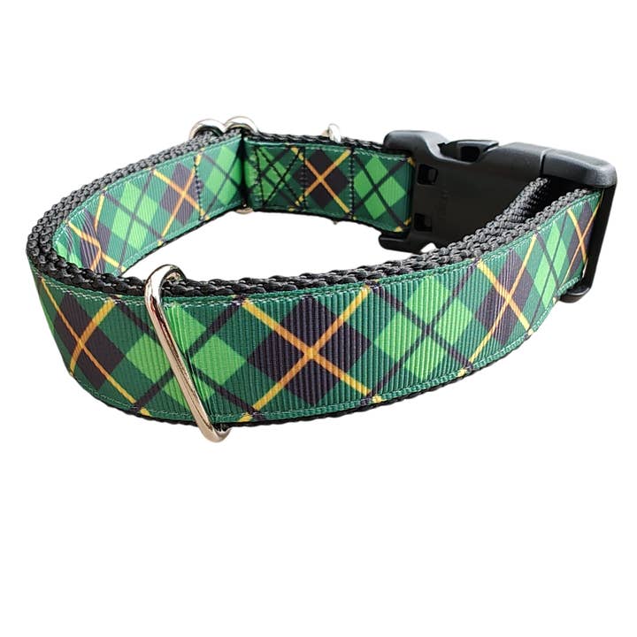 Green and Gold Plaid Nylon Dog Collar for wholesale by Doot's Pet - Collars For A Cause