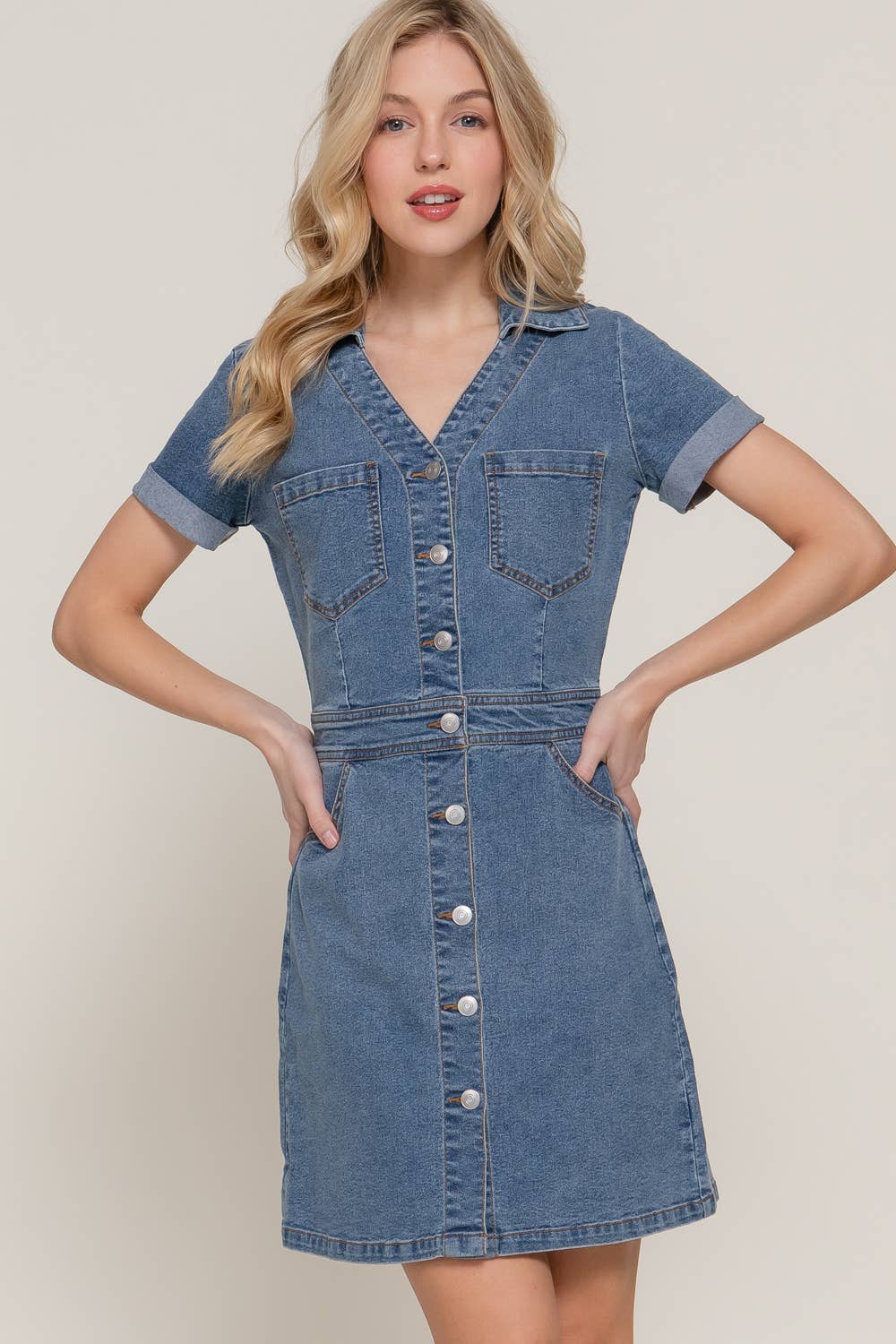 Short Sleeve Stretch Denim Mini Dress for wholesale on Faire