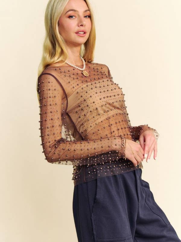 Brown BEAD AND PEARL EMBELLISHED LONG SLEEVES MESH TOP for wholesale on Faire3
