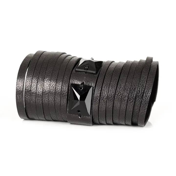 Black Multi-Strap Leather Cuff with Faceted Stone Detail for wholesale by The Dark
