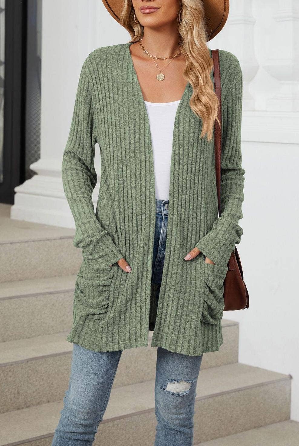 FULL TIME PURCHASE - Vente Cardigan – femme - Gilet en maille uni à manches longues avec poches4