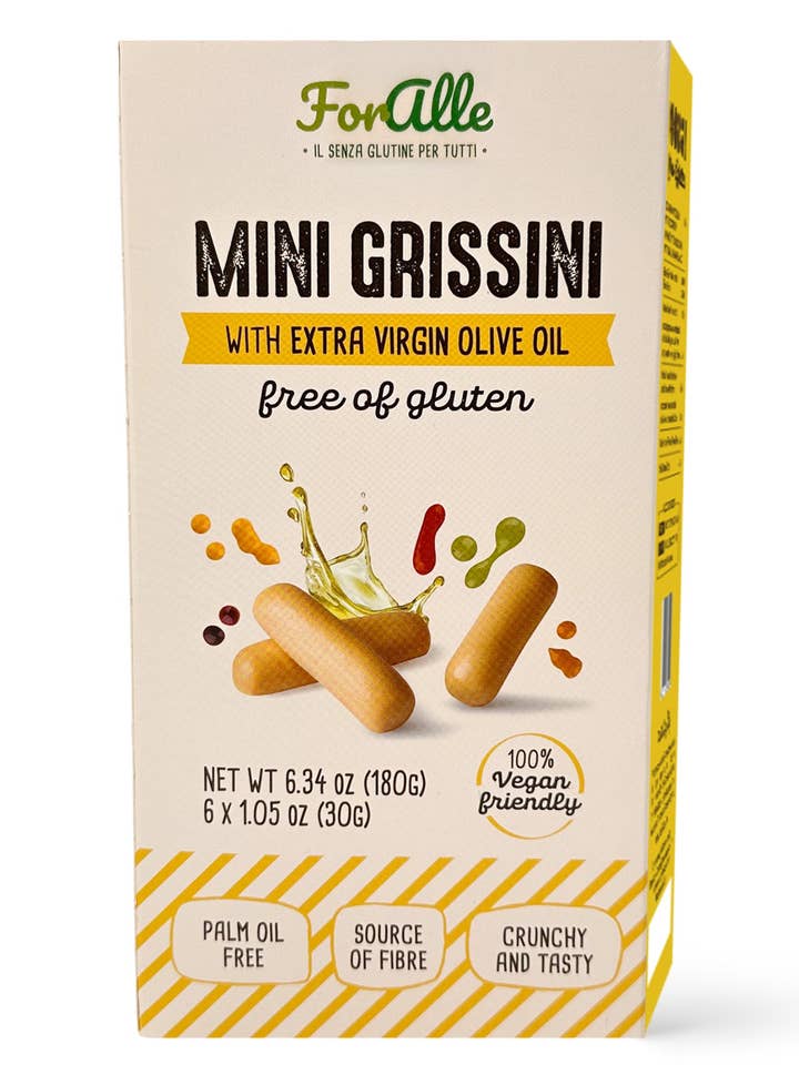 For Alle Gluten Free Mini Grissini with Extra Virgin Olive Oil, 6x1.05 oz (6.34 oz) – Oven-Baked. Vegan. Cholesterol-Free for wholesale by Food To Live
