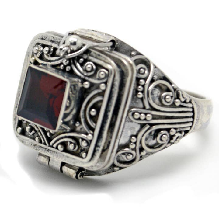 Square Genuine Garnet Poison Locket Box Sterling Silver Ring for wholesale by Silver Insanity