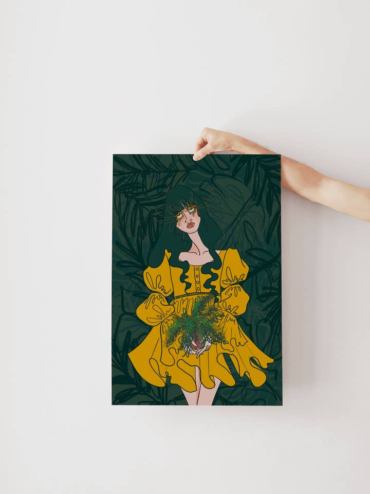 Plante Lady Botanisk Grøn/Gul 60'er/70'er Inspireret Kunsttryk for engroshandel hos Rhinestone Rodeo Art