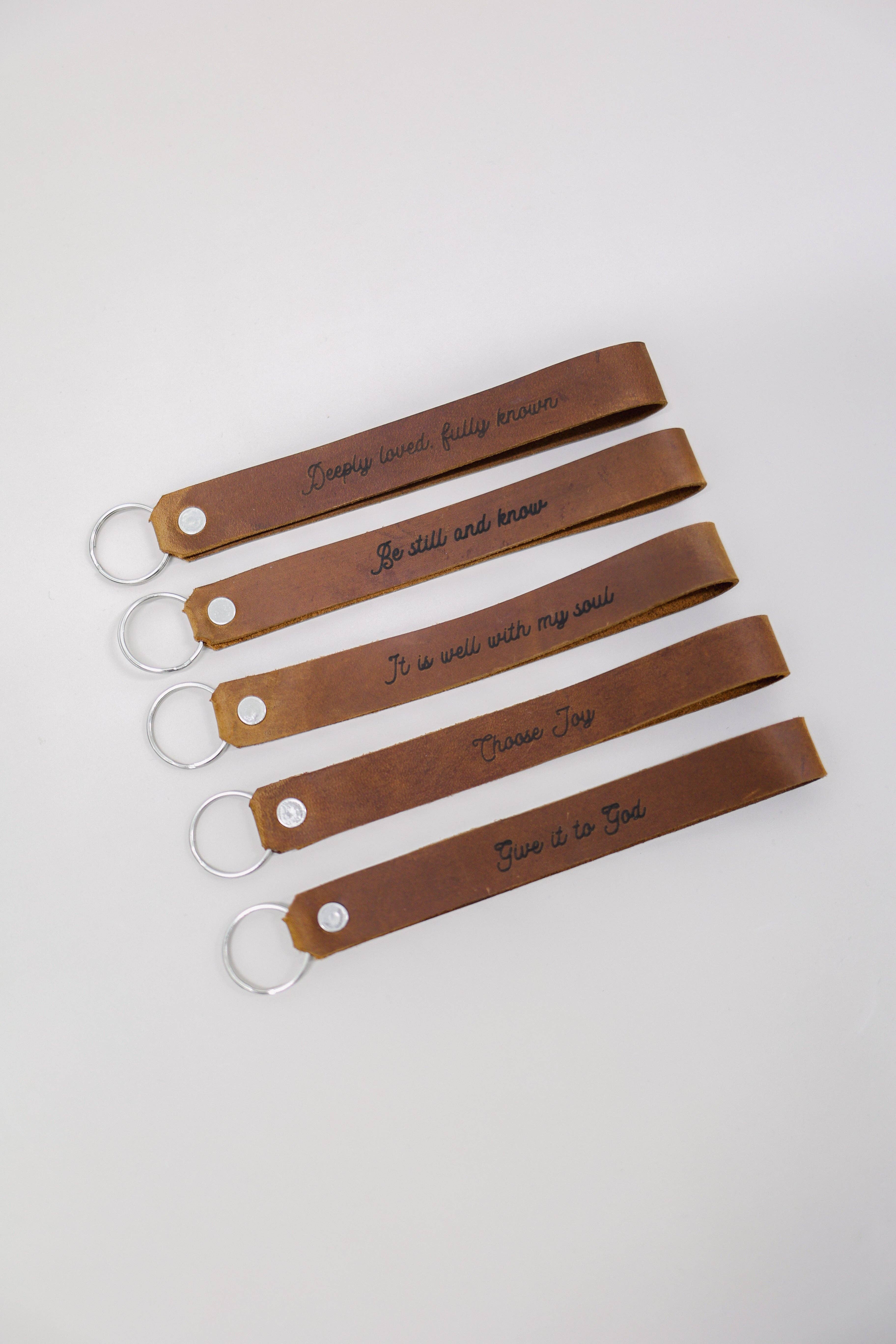 Jubilee Trading Co.  |  Ethical Trade Decor + Accessories - Wholesale Keychain - Unisex - It Is Well With My Soul Wristlet Engraved Leather6