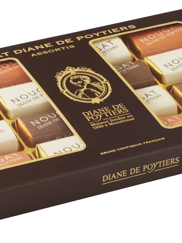 16 dominó assortiti di torrone Montélimar in confezione di cartone da 180 g per la vendita all'ingrosso da parte di Nougat Diane De Poytiers