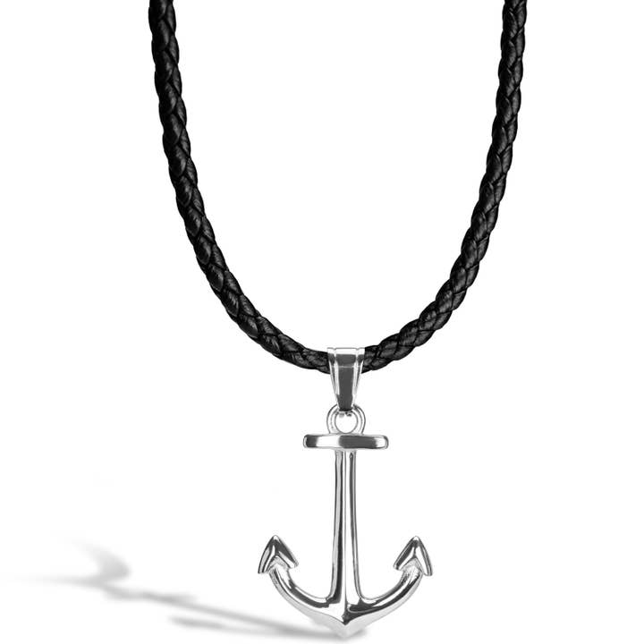 Leather necklace “Anchor” - silver - N014 for wholesale by SERASAR