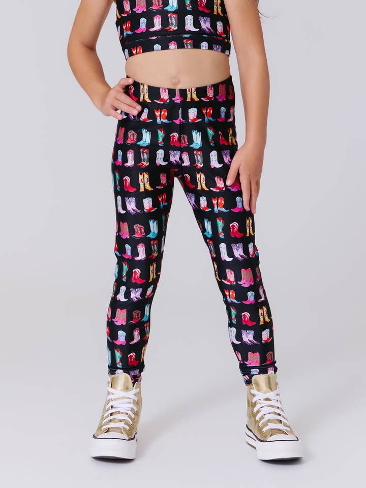 Girls Hi-Shine Leggings in Cowgirl Boots on Black for wholesale by Terez