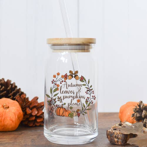 Autumn Leaves and Pumpkins Please 16oz Glass Can for wholesale by Mountain Laurel Designs Co