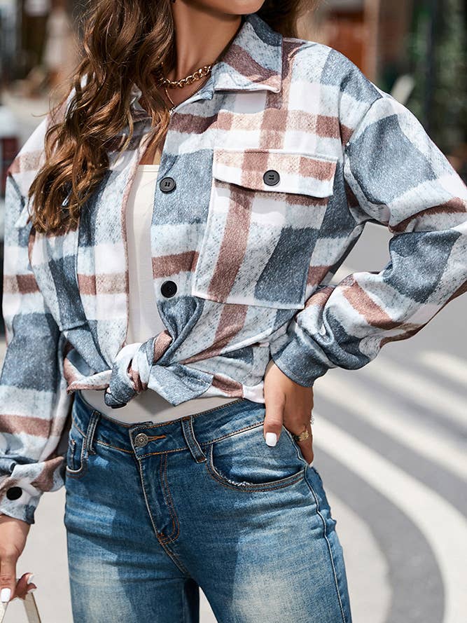 Gray Grey Plaid Print Button Up Shacket XML008 for wholesale on Faire