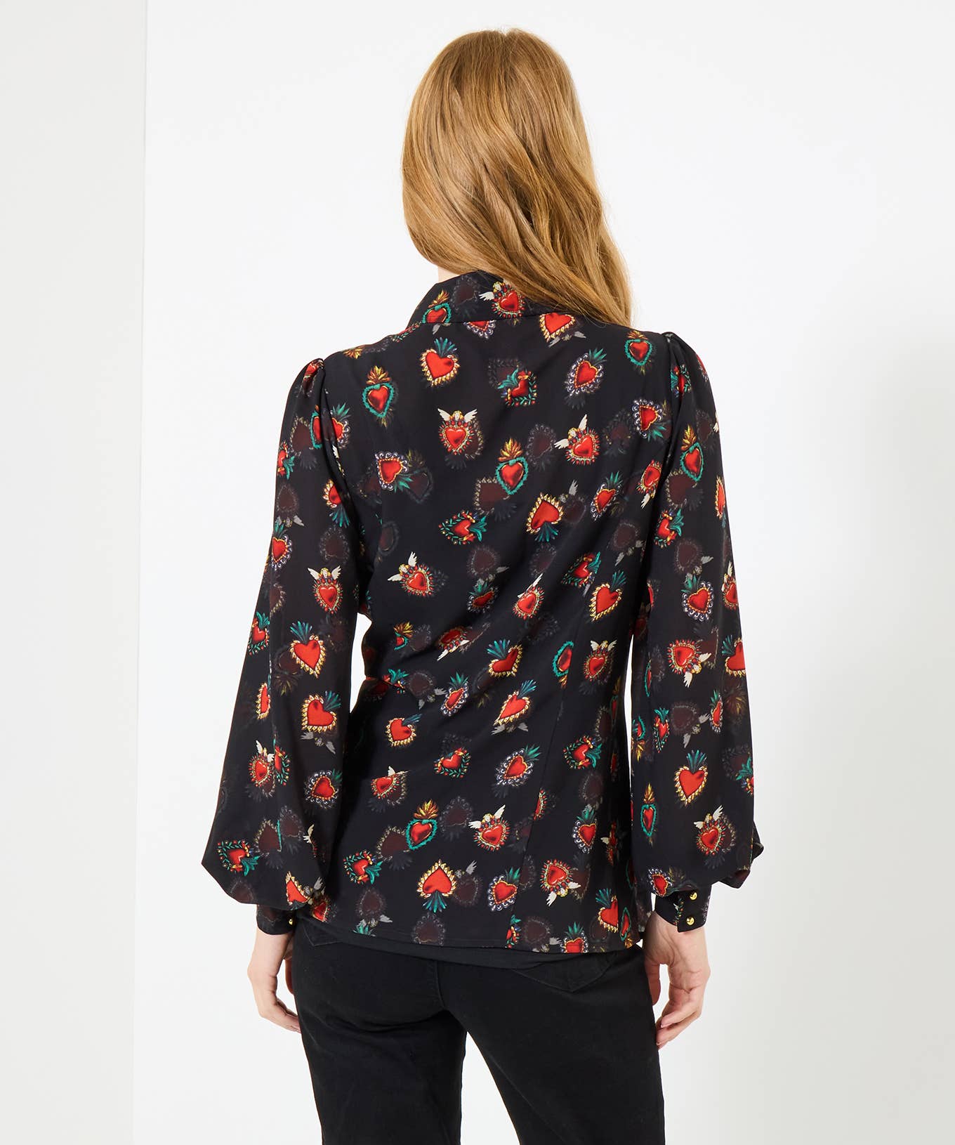 Noir Blouse en georgette à imprimé cœur avec caraco en vente sur Faire5