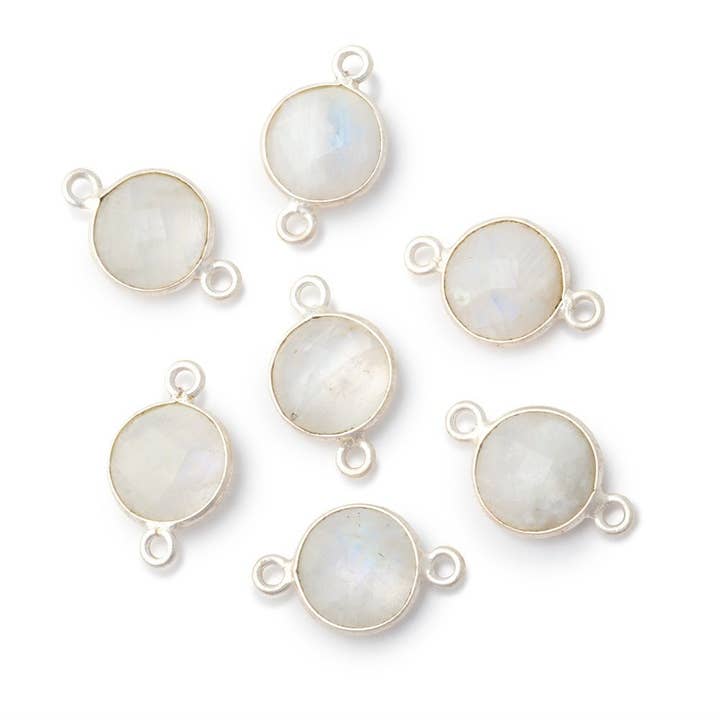 11mm Sterling Silver Bezel Rainbow Moonstone Faceted Coin 1 Connector for wholesale by Beads of Cambay