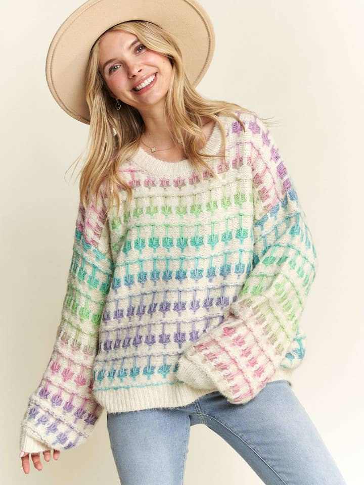 LESW3586-MULTI COLOR STRIPE SWEATER TOP for wholesale by Madelyn