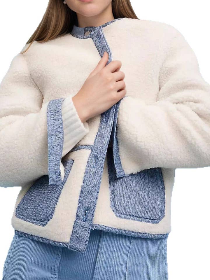 White Color Block Sherpa Jacket Women Design Round Neck N5A088 for wholesale on Faire0