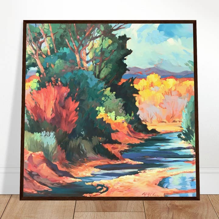 „Rio Pueblo“ Landschaft | 28x28 Holzgerahmter Kunstdruck | Originalkunstwerk der amerikanischen Künstlerin Barbara Cleary für den Großhandel von Barbara Cleary Designs
