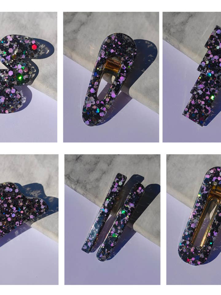⋒ RESIN HAIR CLIP PACK - GLITTER DARK ARTS ( 7 ITEMS) ⋒ for wholesale by Gleebee