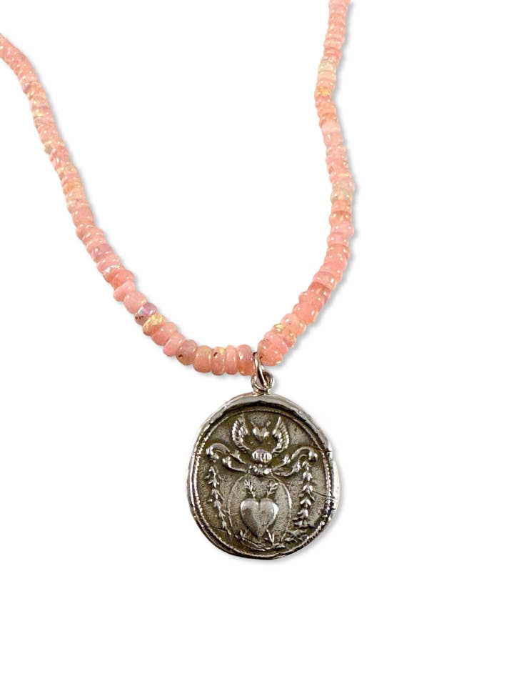 16"-18” Pink Opal Sterling Angel Heart Crest Necklace for wholesale by GK Designs
