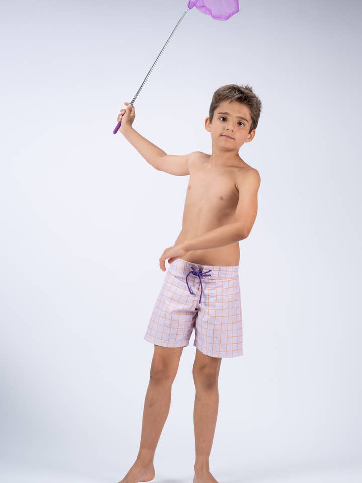 Lilac squares surfer swim shorts for wholesale by Paperboat