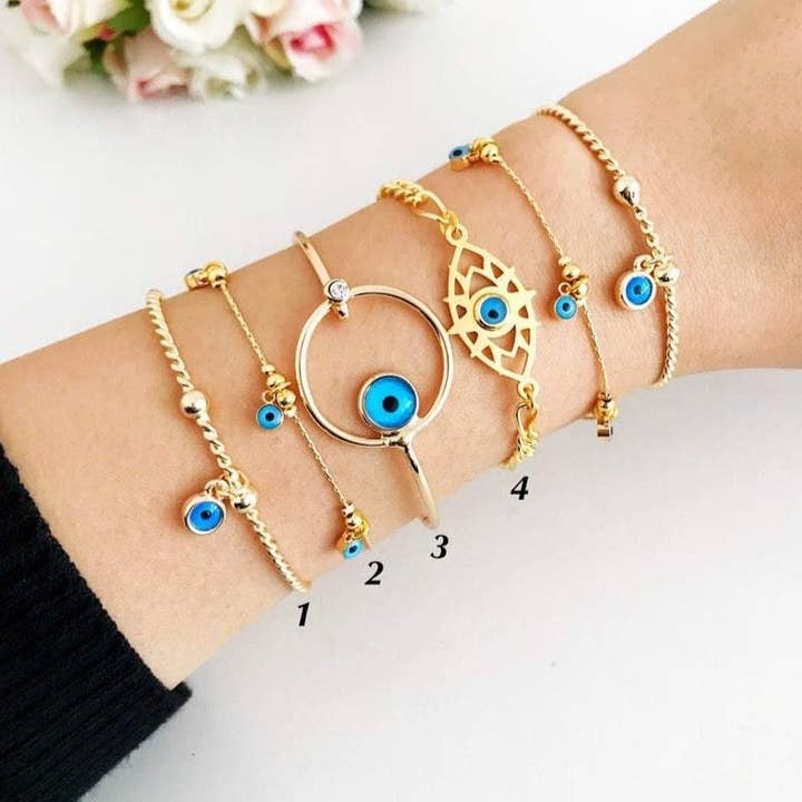 Evileyefavor - Wholesale Jewelry Set - Gold Evil Eye Bracelet, Evil Eye Bangle Bracelet, Blue Evil Eye Bead