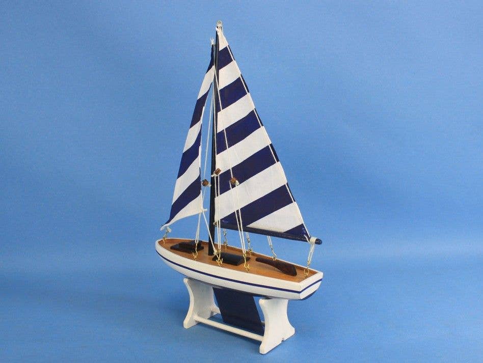 Hampton Nautical – wholesale Decorative tabletop object – Decorative Sailboat Model with Blue Stripes 12"3