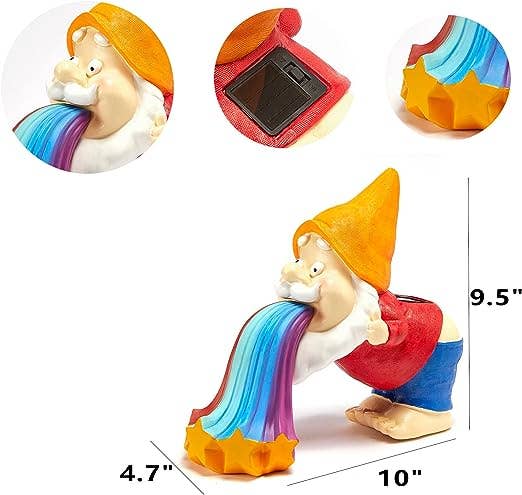 The Wine Savant /  Khen Glassware - Wholesale Garden Gnome - Garden Gnome Throwing up Solar Rainbow Lights 4.7”x10 x9.5”2