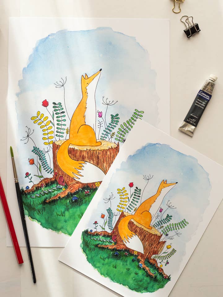 Akvarel og Ink Fox illustration planteskole print. for engroshandel hos Bodhi&Lo Art