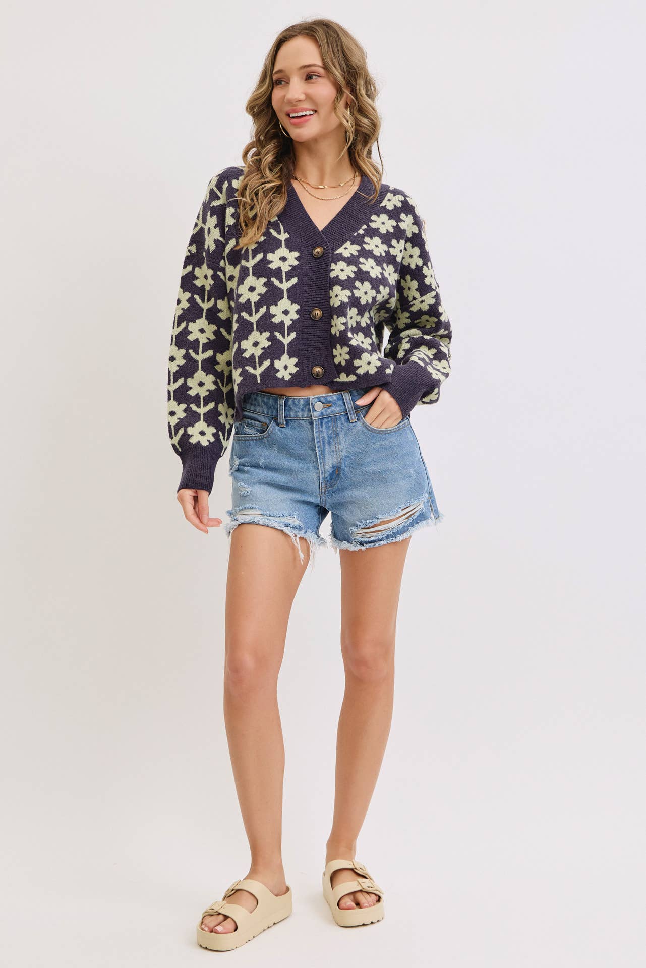 NAVY COZY PLAYFUL CASUAL FLORAL PRINT SWEATER KNIT CARDIGAN for wholesale on Faire11