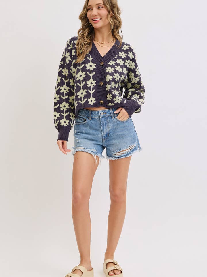 NAVY COZY PLAYFUL CASUAL FLORAL PRINT SWEATER KNIT CARDIGAN for wholesale on Faire11
