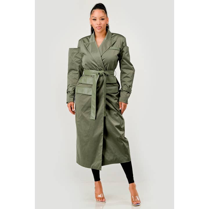 PLUS Olive Green Longline Trench Coat With Belt for wholesale by DORCAS