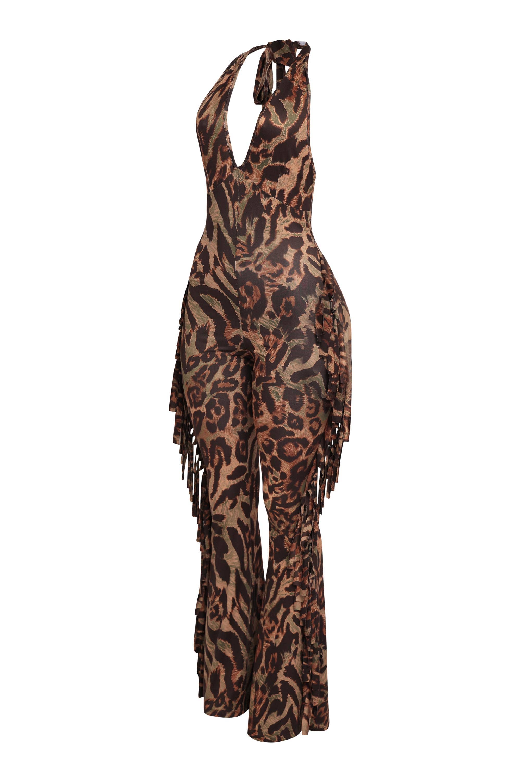 OLIVE COMBO Leopard halter fringe jumpsuit for wholesale on Faire3