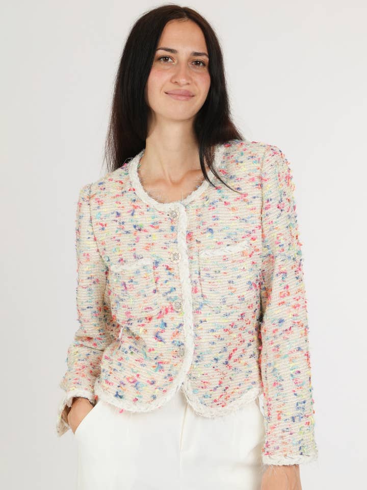 Multicolor Fuzzy Braided Trim Tweed Jacket QM4055 for wholesale by Beulah Style