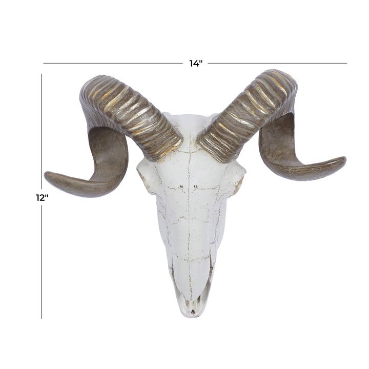A-44737 : CRÂNE DE BÉLIER EN POLYSTONE POUR MUR 14" L, 12" H pour la vente par Import Corner
