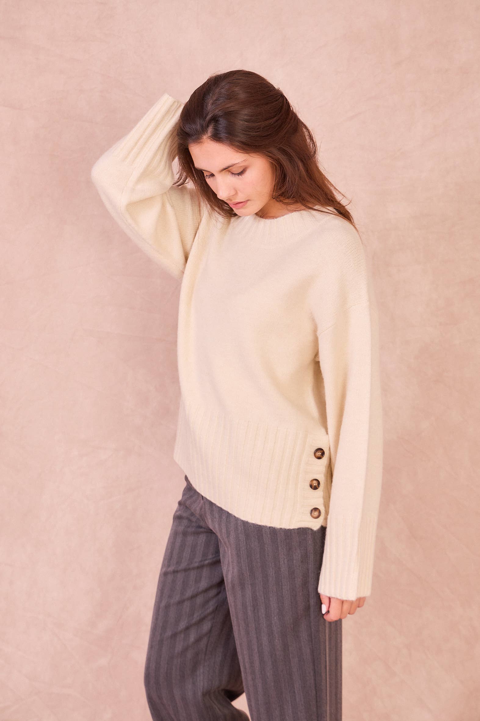 Calie Paris - Wholesale Knit Sweater - Women's - NATI – Button-Side Wool Blend Knit1