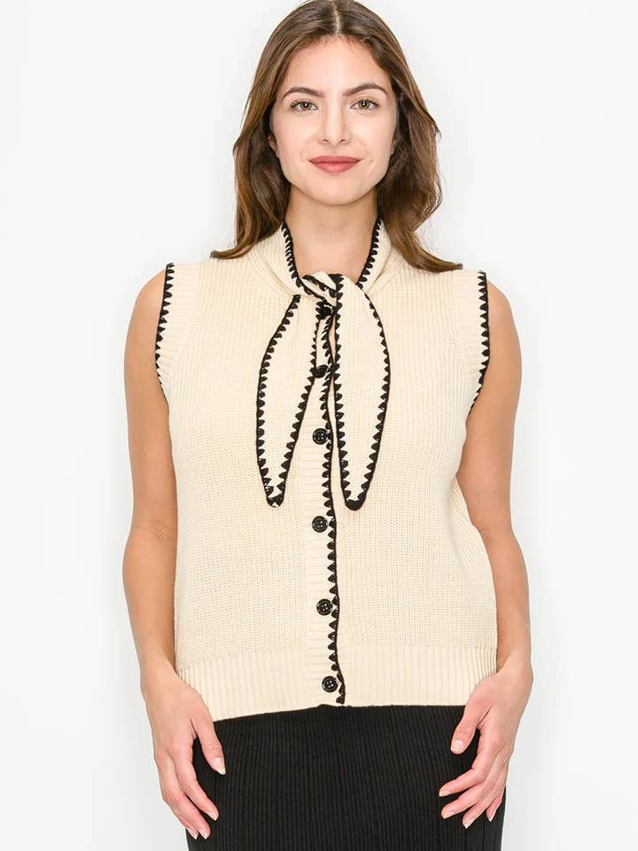 Cream Knit Vest With Contrast Trim And Bow Tie for wholesale by Yal New York