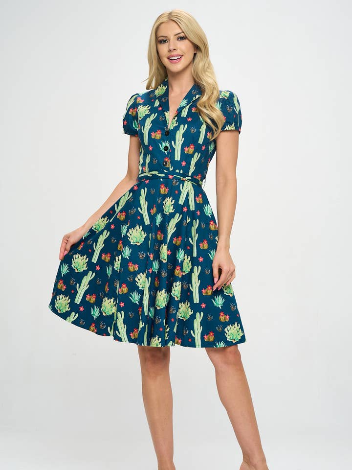 Retro Cactus Fit and Flare Jurk in grote maten voor wholesale door LA Soul